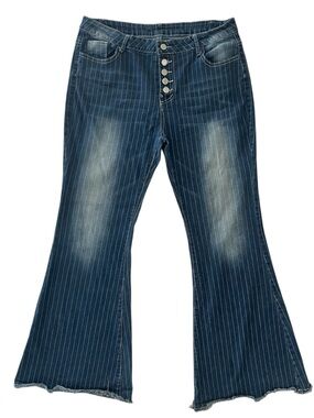 High Rise Pinstripe Flare Jeans Button Fly Raw Hem Striped Bell Bottoms Size 32